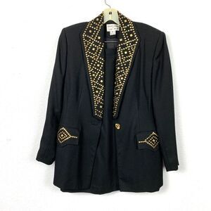 Vintage Focus 2000 Charles Gluech Black Gold Studded Blazer Skirt Set Womens 8